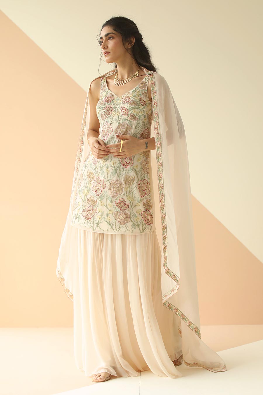 Off-White Embroidered Sharara Set With Dupatta