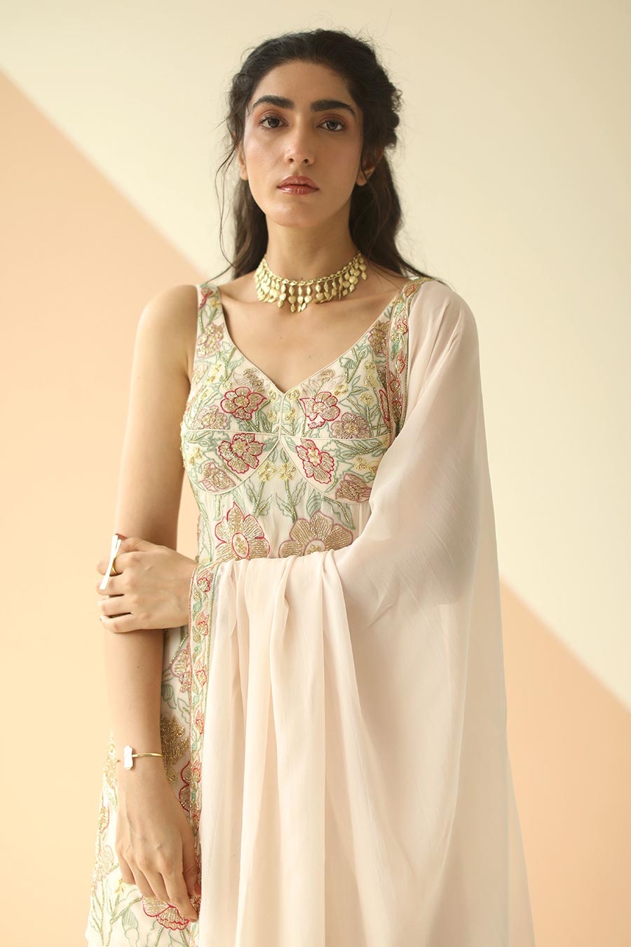 Off-White Embroidered Sharara Set With Dupatta