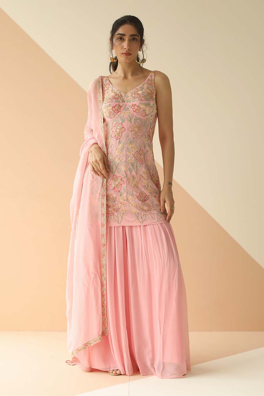 Baby Pink Embroidered Sharara Set With Dupatta