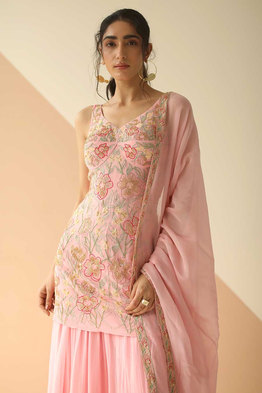 Baby Pink Embroidered Sharara Set With Dupatta