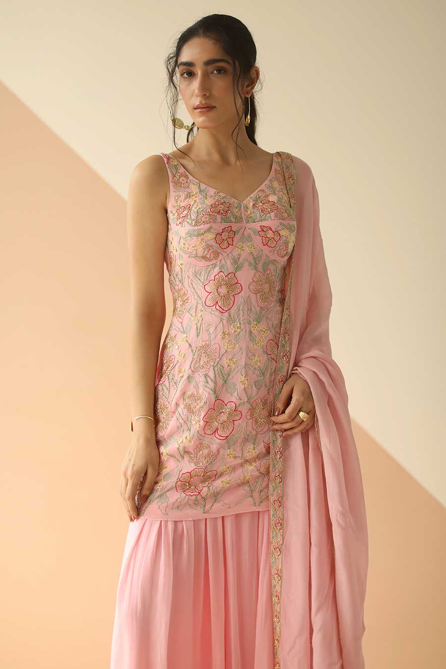 Baby Pink Embroidered Sharara Set With Dupatta