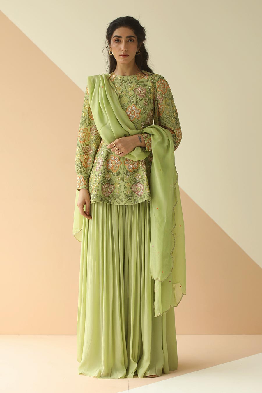 Pista Green Embroidered Sharara Set With Dupatta