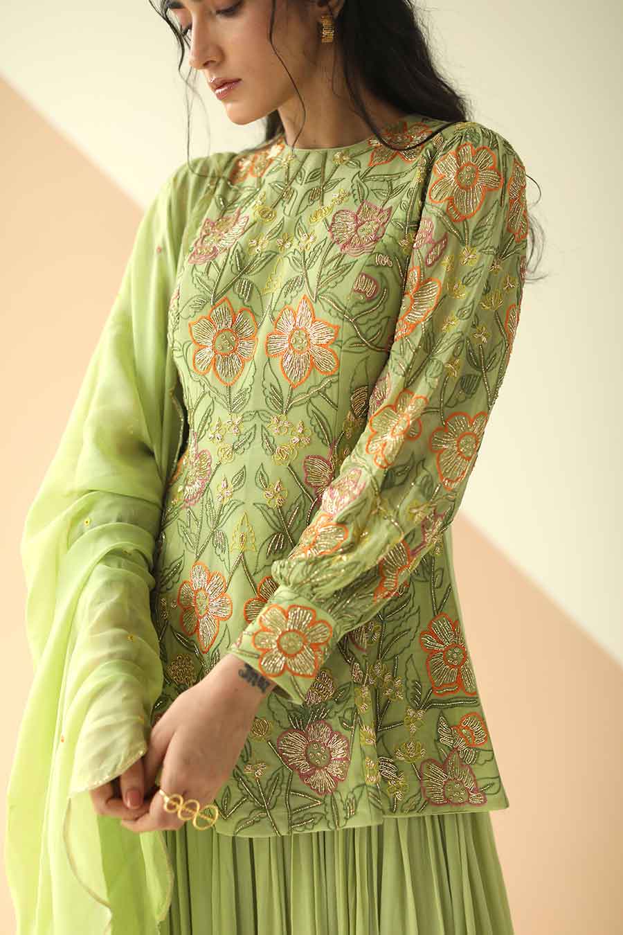 Pista Green Embroidered Sharara Set With Dupatta