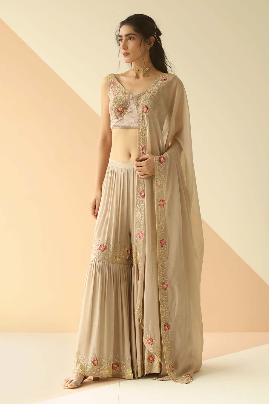 Grey Embroidered Sharara Set With Border Dupatta