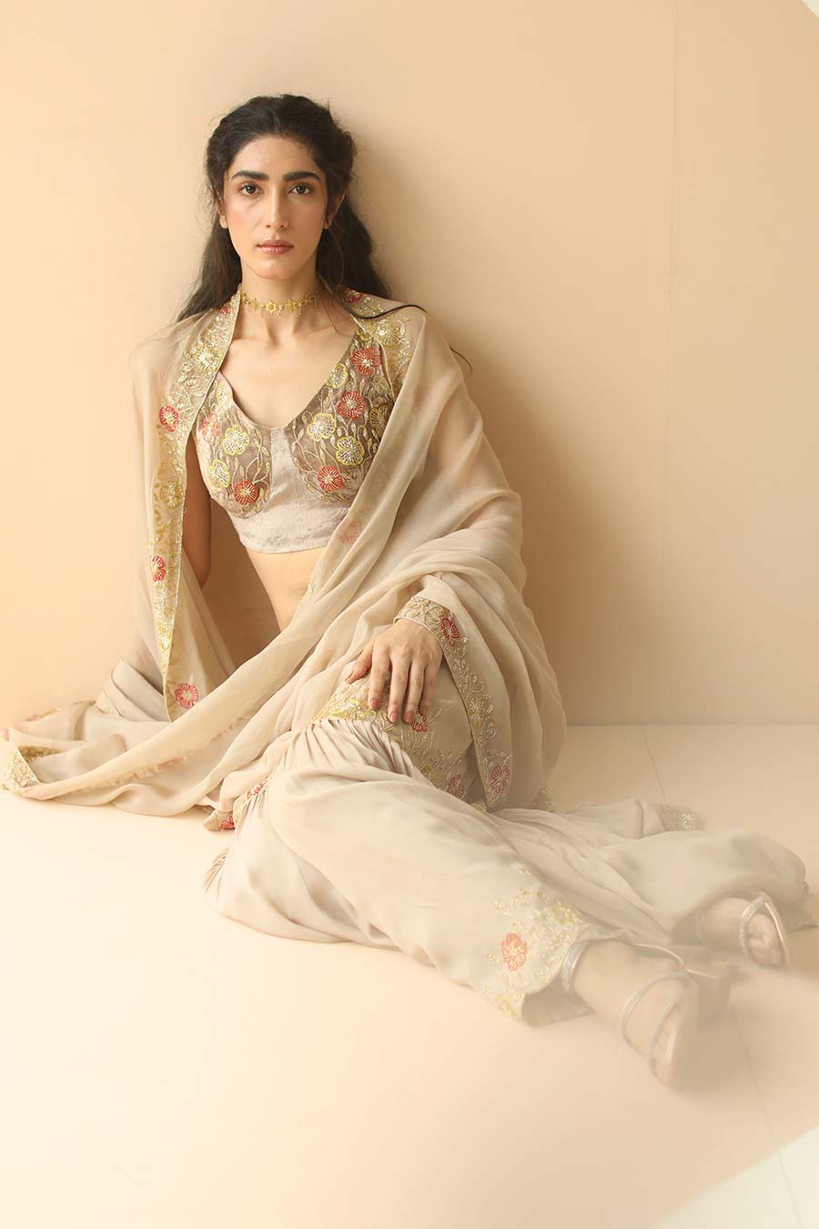 Grey Embroidered Sharara Set With Border Dupatta