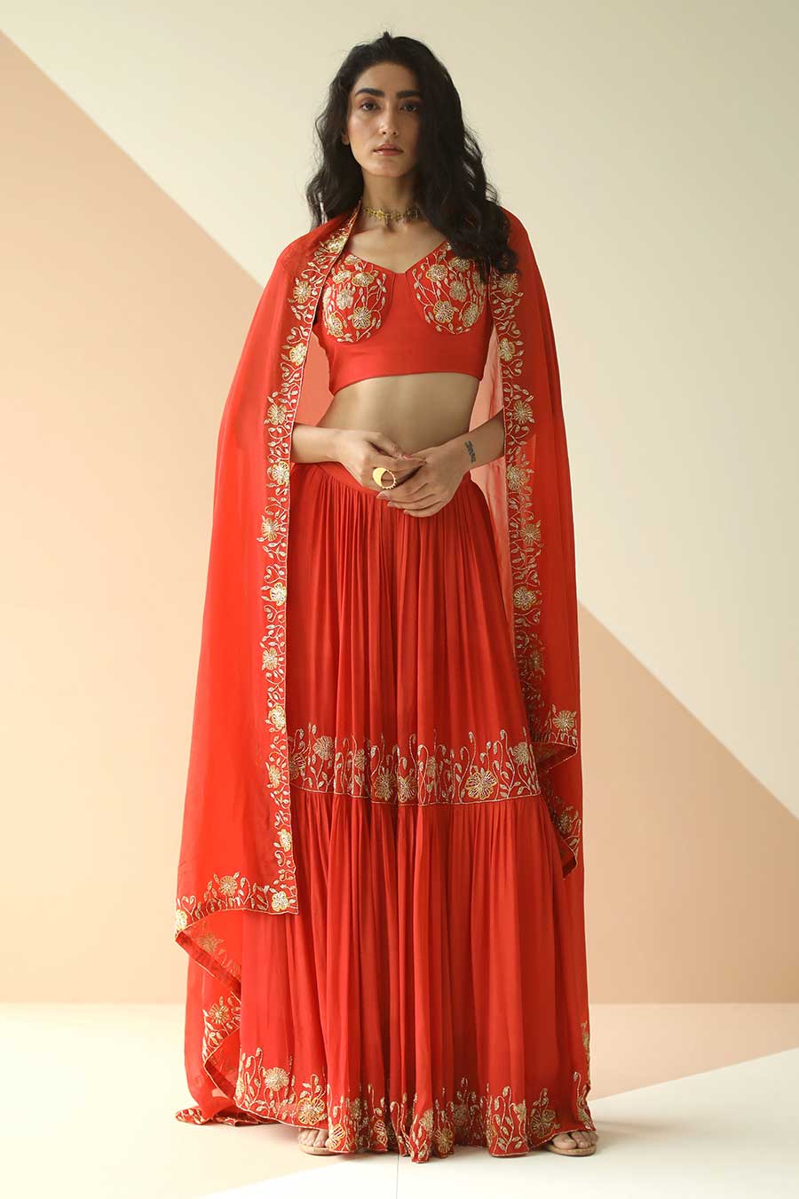 Red Embroidered Sharara Set With Border Dupatta