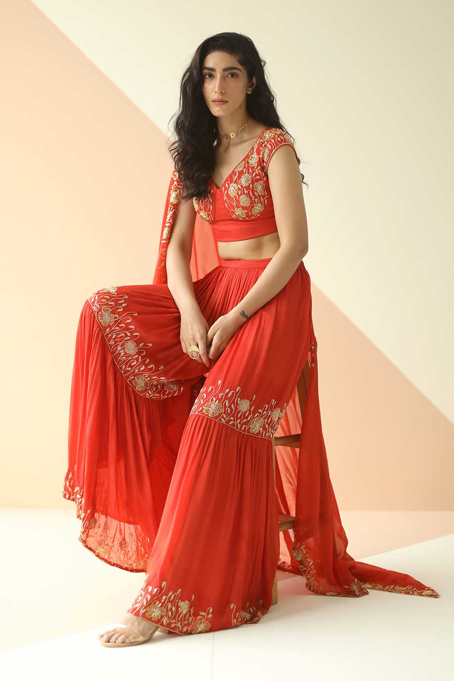 Red Embroidered Sharara Set With Border Dupatta