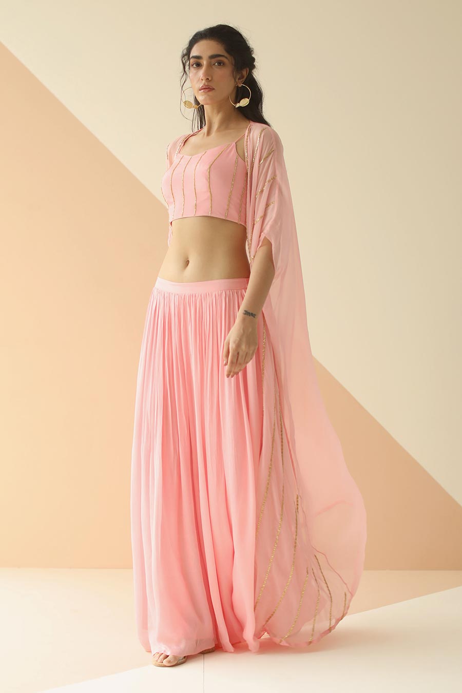 Pink Embroidered Top & Pallazo With Organza Cape