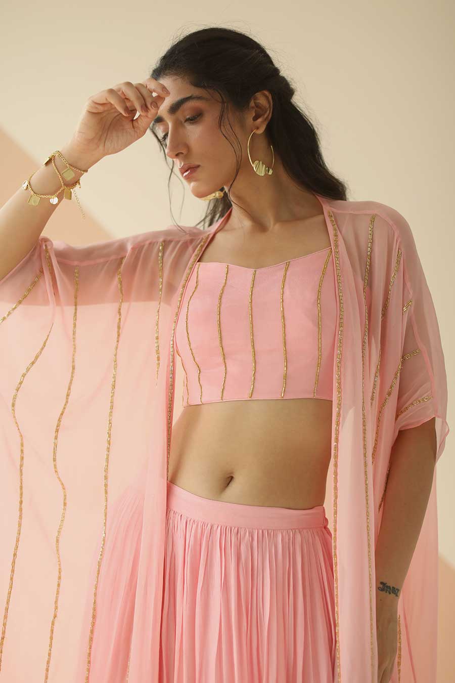 Pink Embroidered Top & Pallazo With Organza Cape