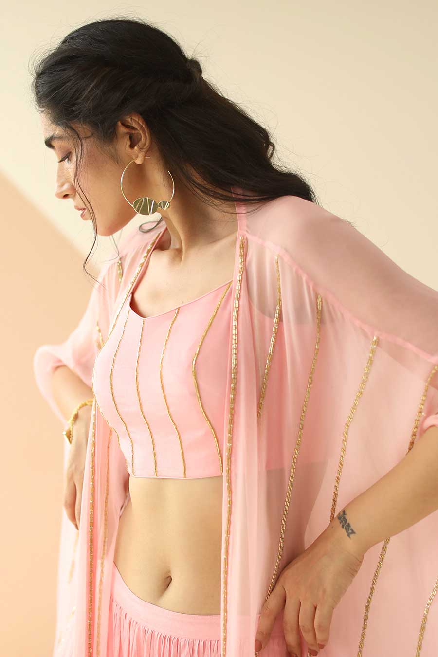 Pink Embroidered Top & Pallazo With Organza Cape