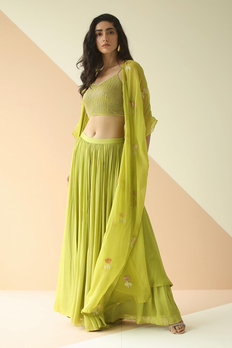 Green Embroidered Top & Pallazo With Organza Cape