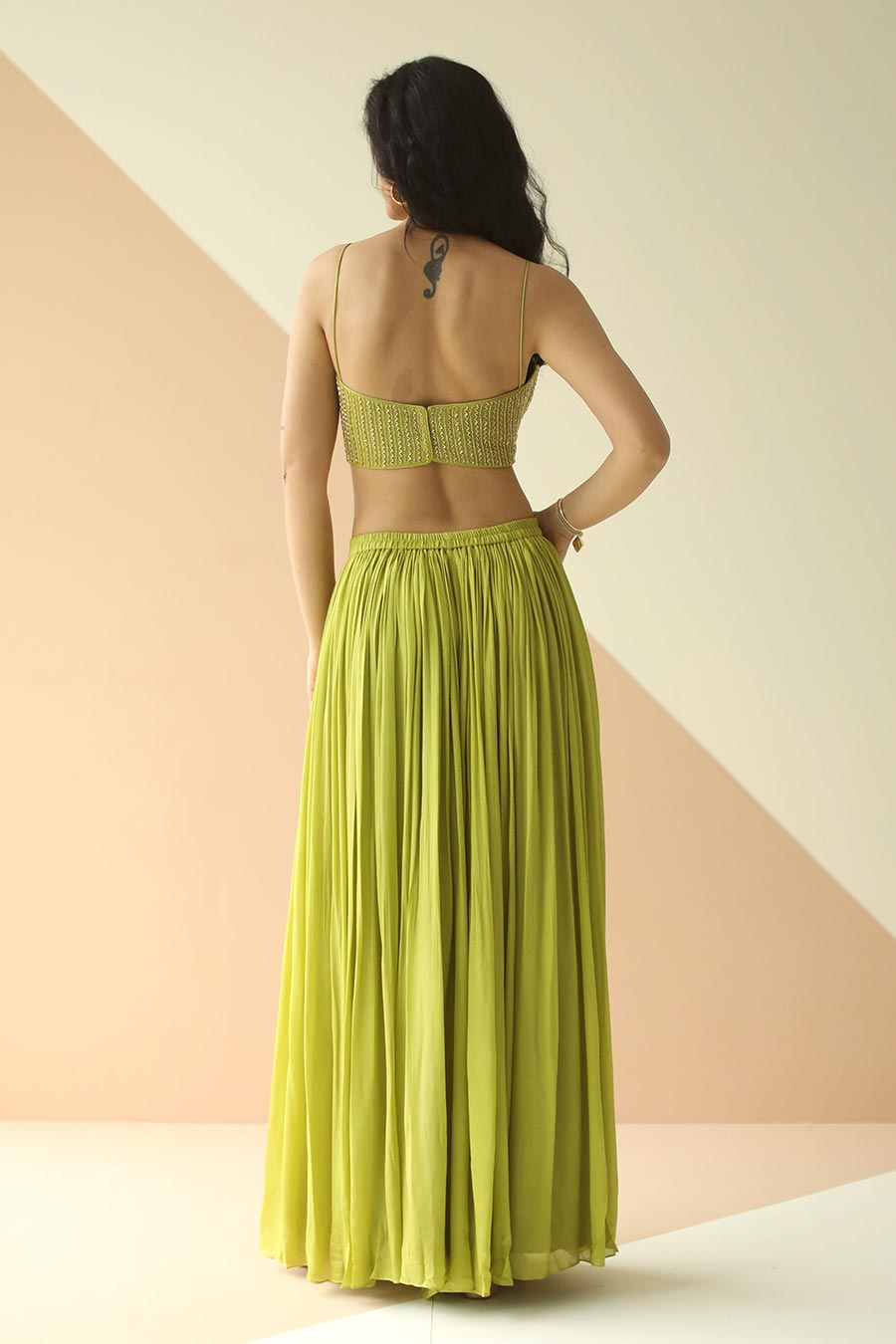 Green Embroidered Top & Pallazo With Organza Cape