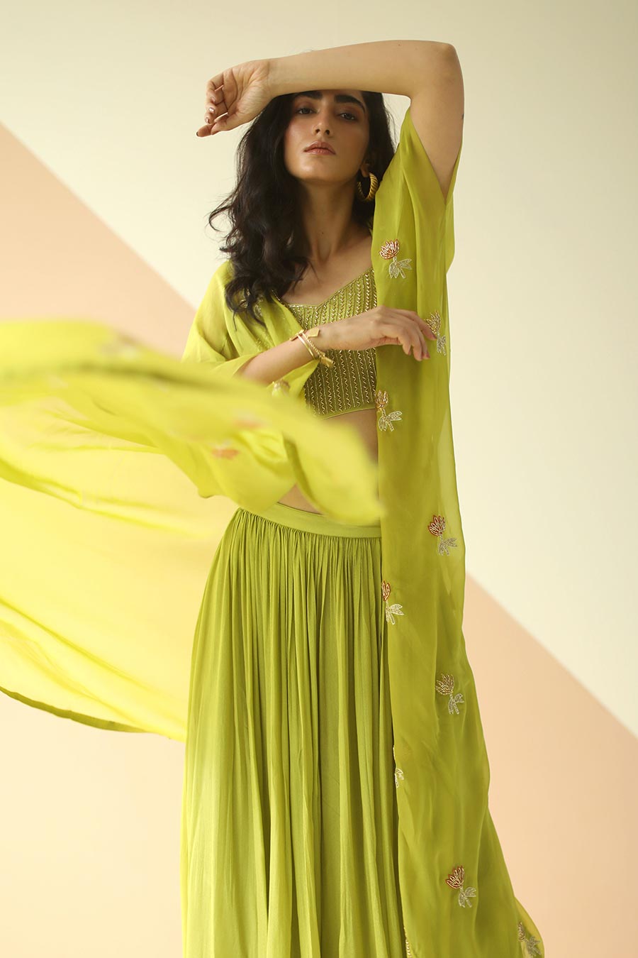 Green Embroidered Top & Pallazo With Organza Cape