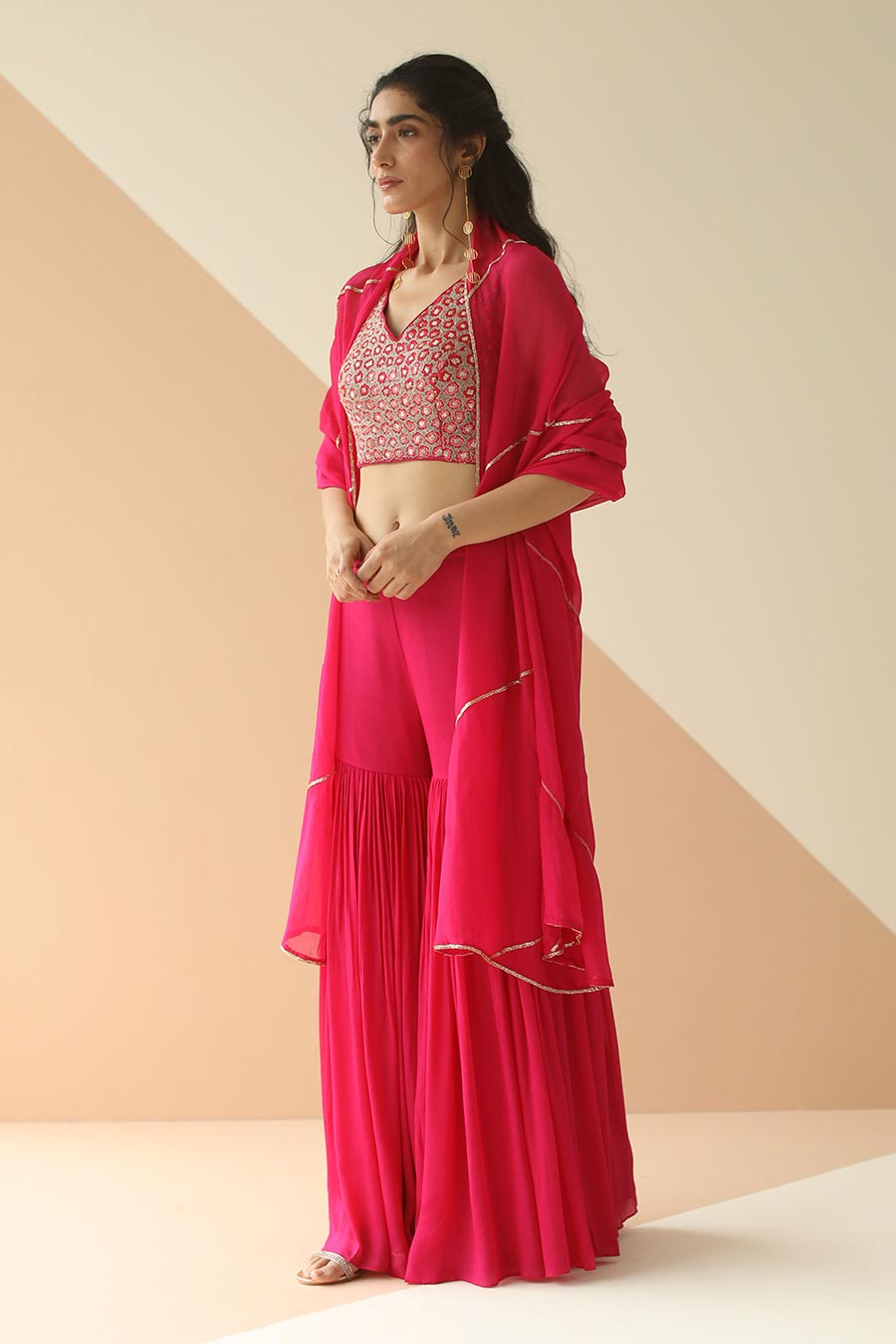 Rani Pink Embroidered Sharara Set With Dupatta