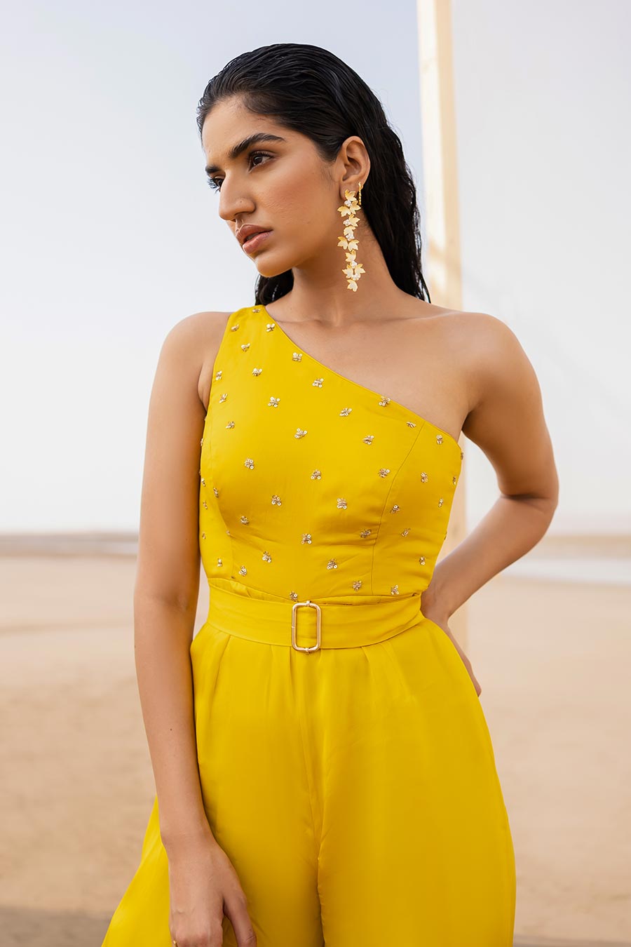 Yellow Embroidered One-Shoulder Jumpsuit