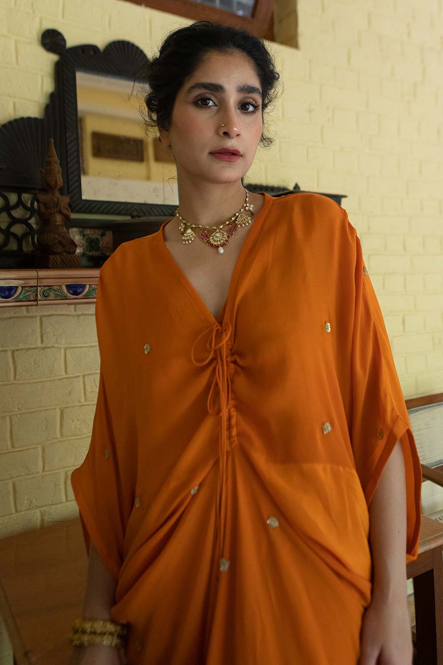 Orange Butti Embroidered Kaftan Dress