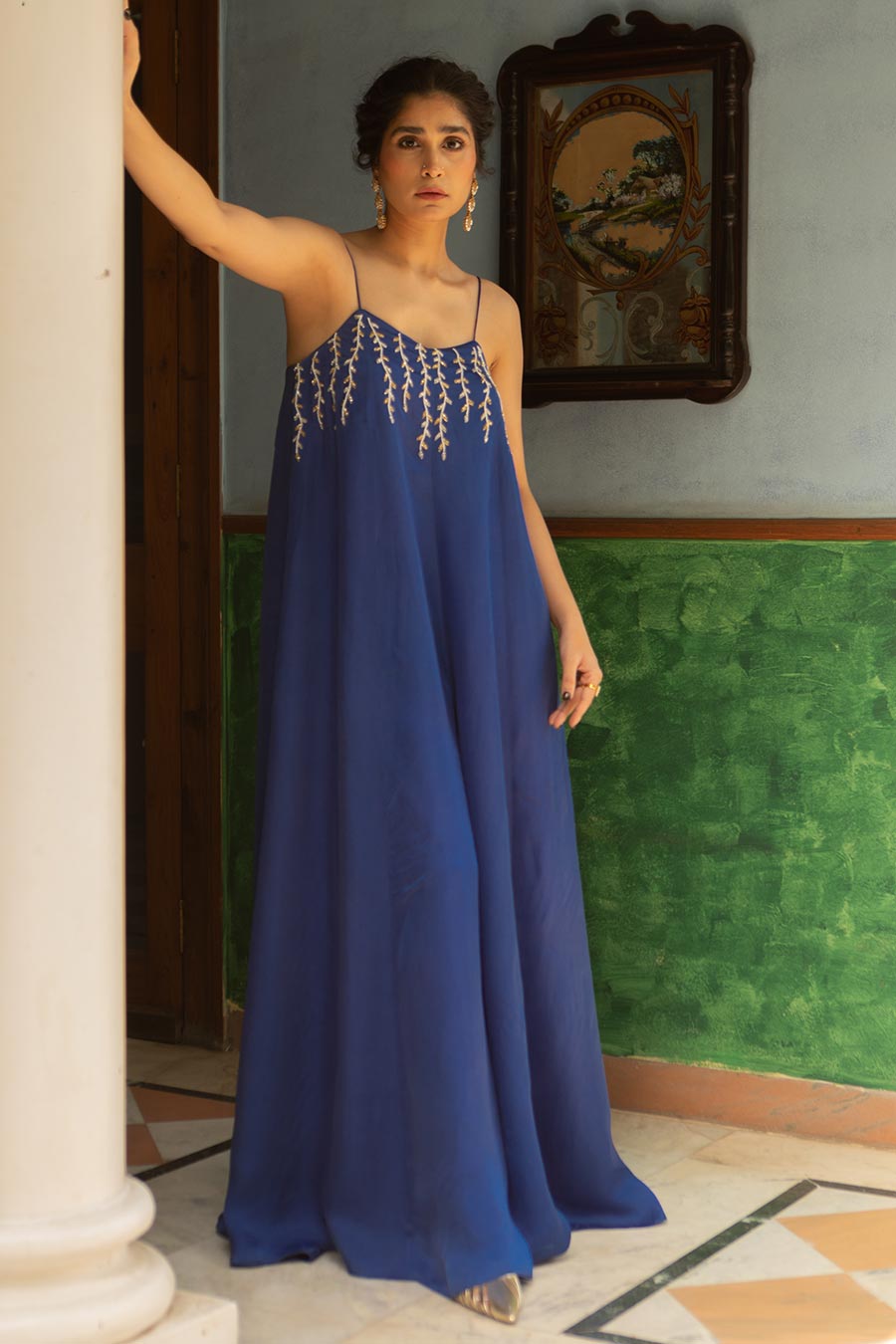 Blue Embroidered Flared Jumpsuit