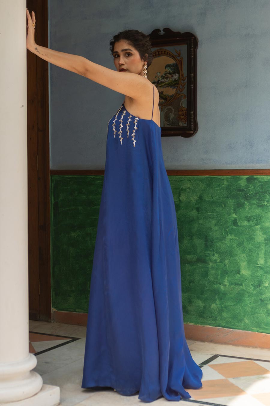 Blue Embroidered Flared Jumpsuit
