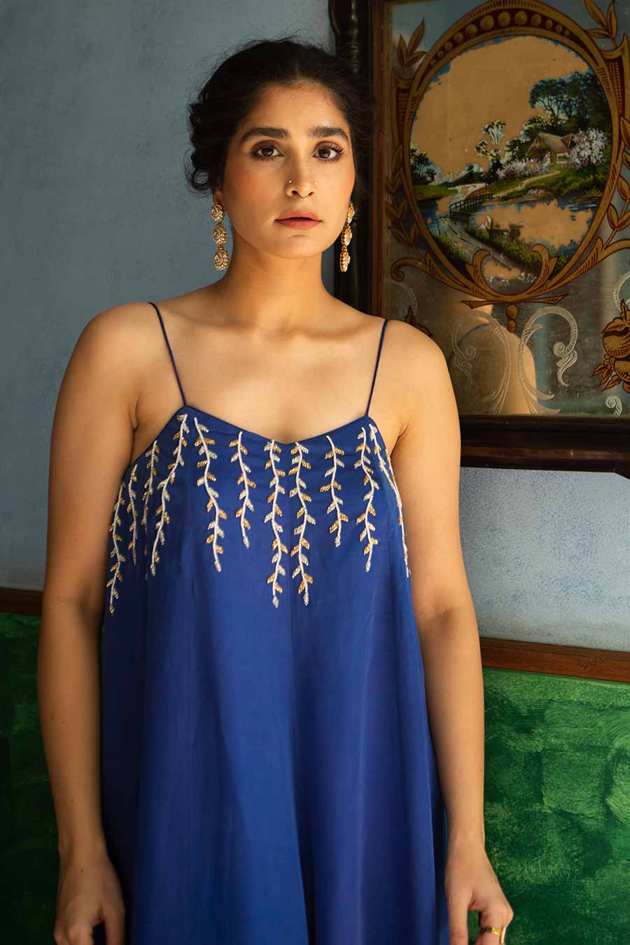 Blue Embroidered Flared Jumpsuit