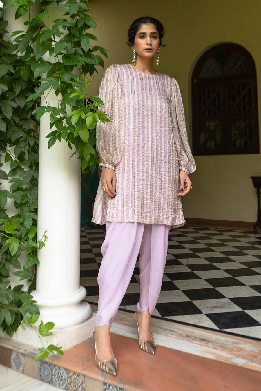 Lavender Striped Kurta & Dhoti Set