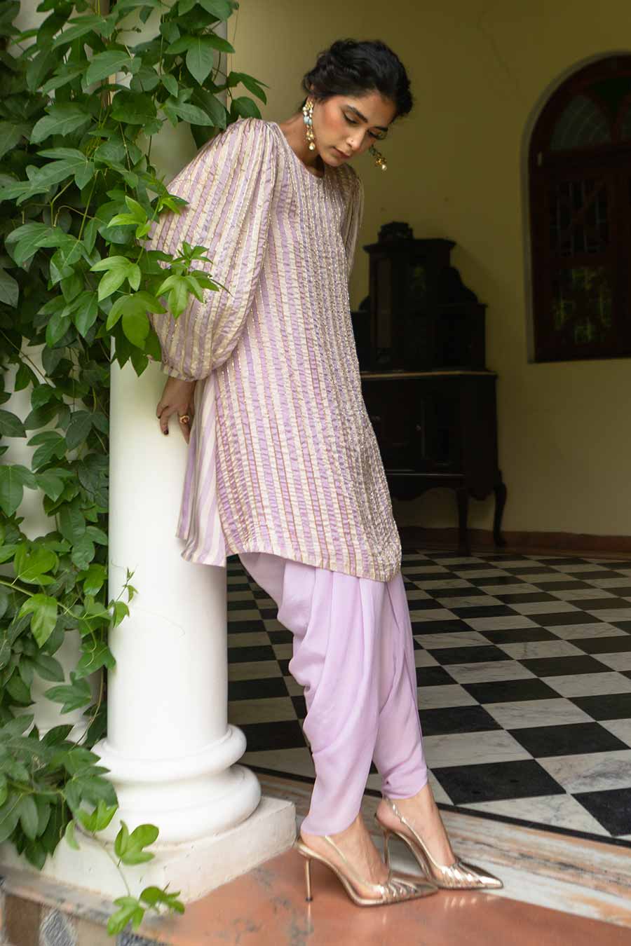 Lavender Striped Kurta & Dhoti Set