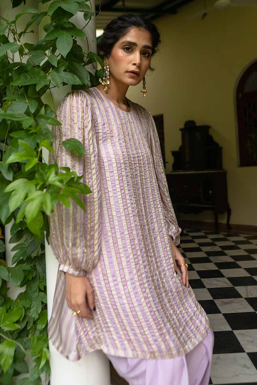 Lavender Striped Kurta & Dhoti Set