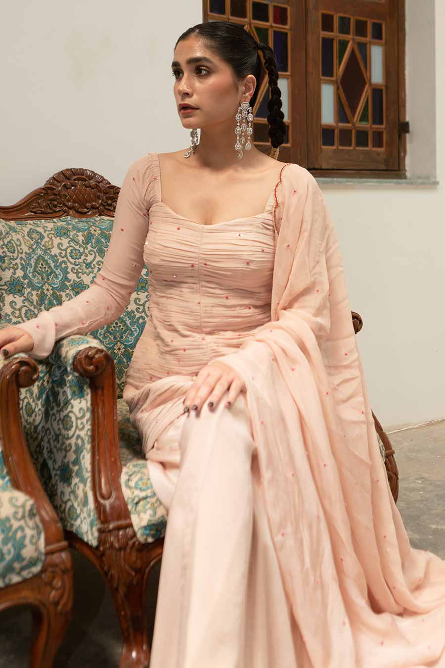 Baby Pink Embroidered Ruching Sharara Set