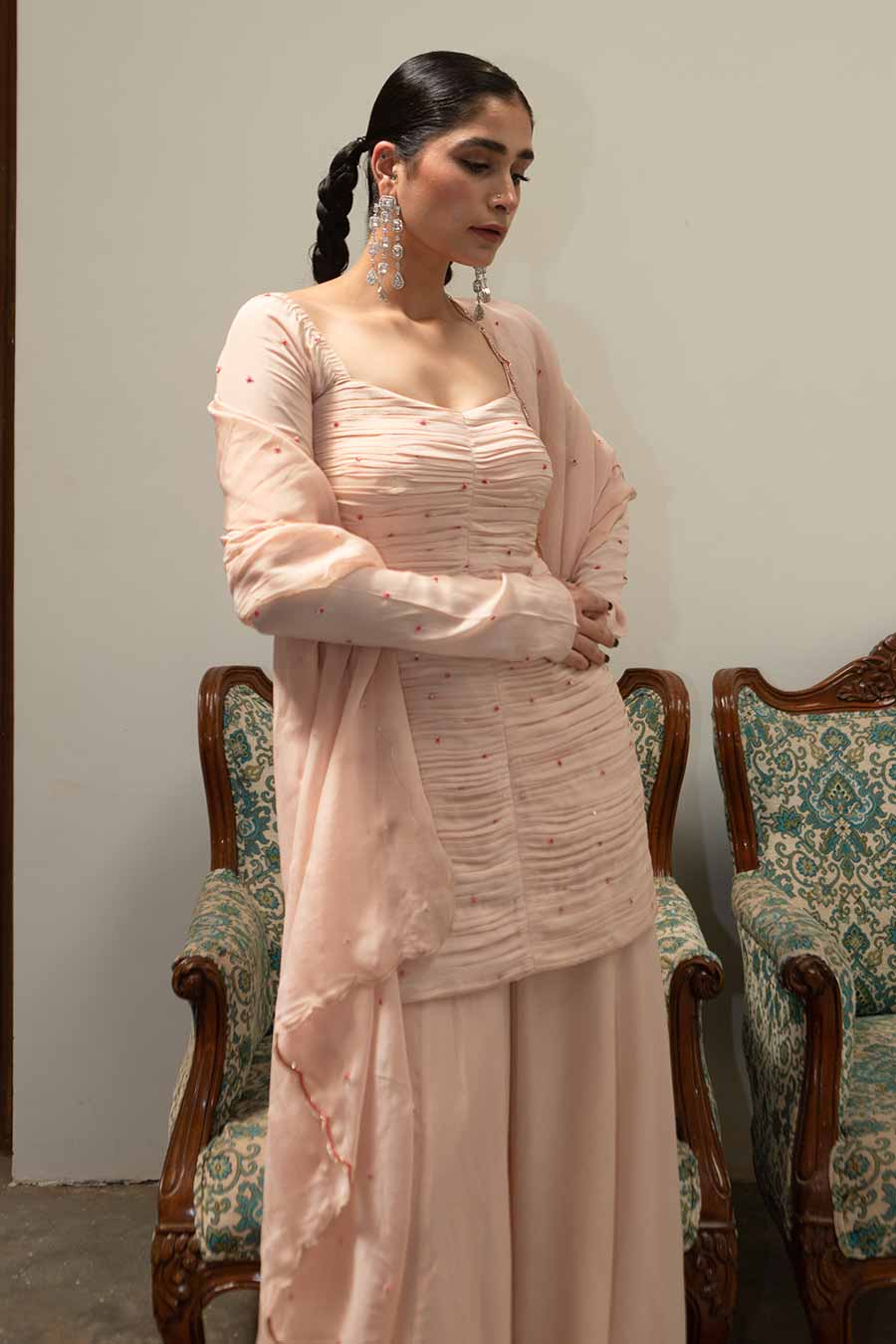 Baby Pink Embroidered Ruching Sharara Set