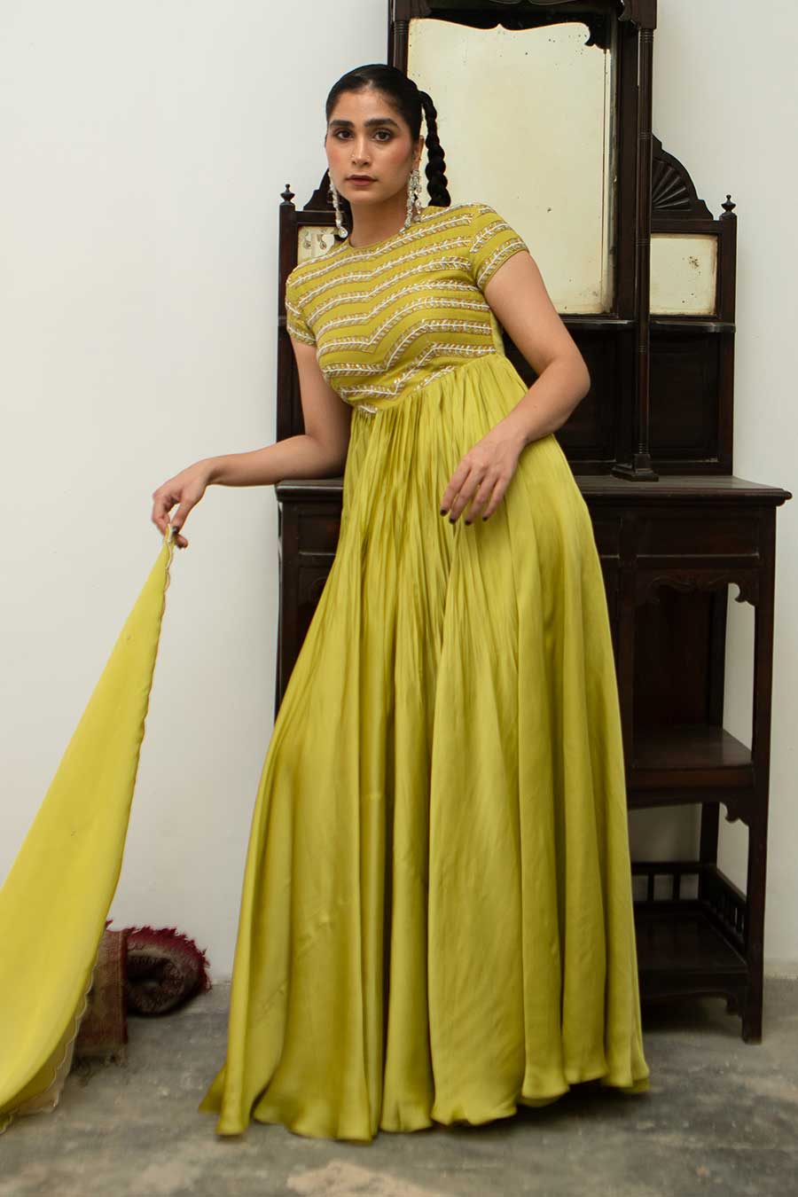 Lime Embroidered Bandhgala Anarkali & Dupatta Set
