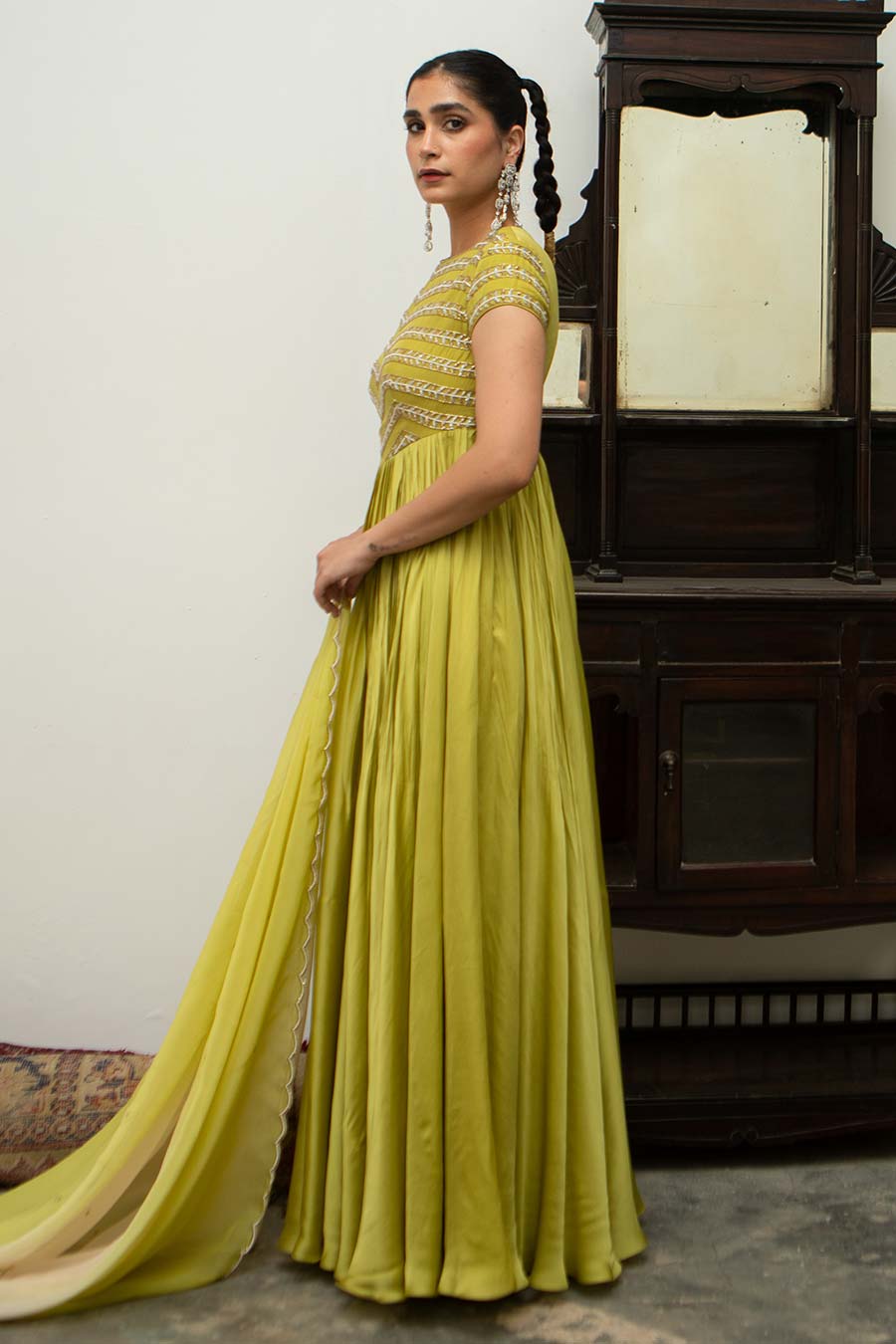 Lime Embroidered Bandhgala Anarkali & Dupatta Set