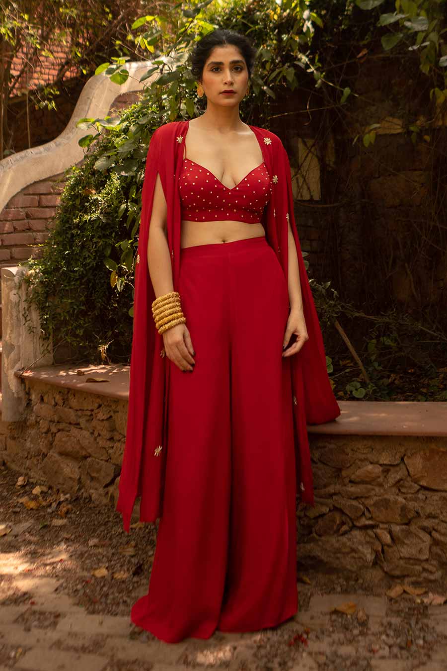 Red Embroidered Co-Ord Set With Shrug