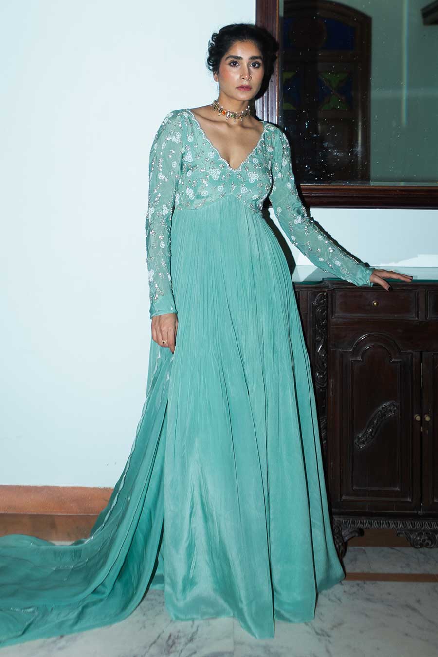 Dark Mint Embroidered Anarkali & Dupatta Set