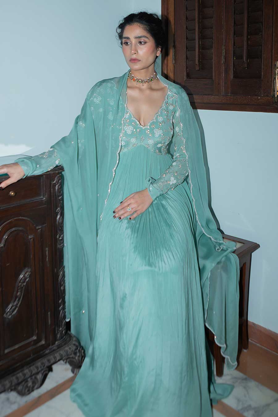 Dark Mint Embroidered Anarkali & Dupatta Set