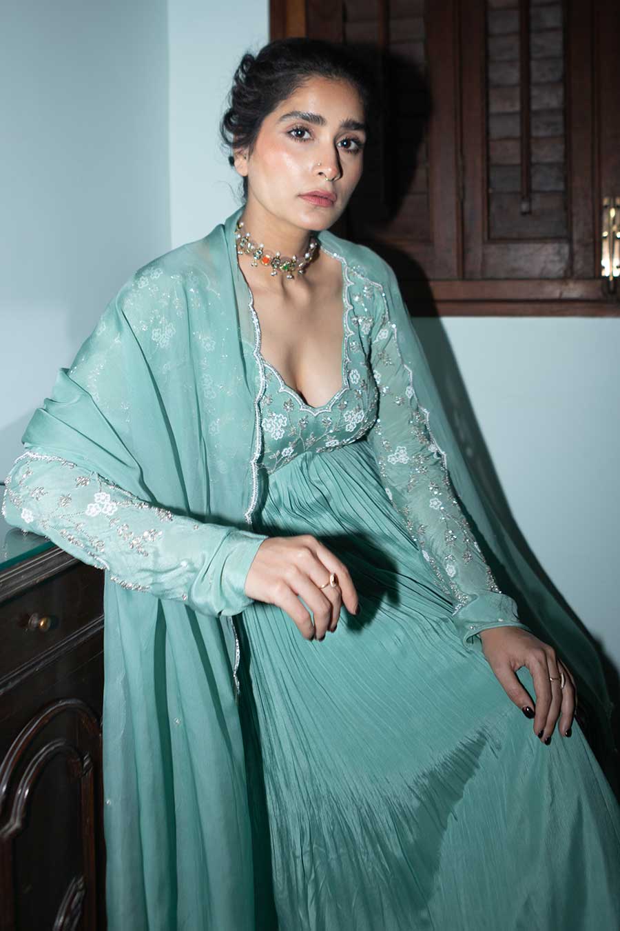 Dark Mint Embroidered Anarkali & Dupatta Set