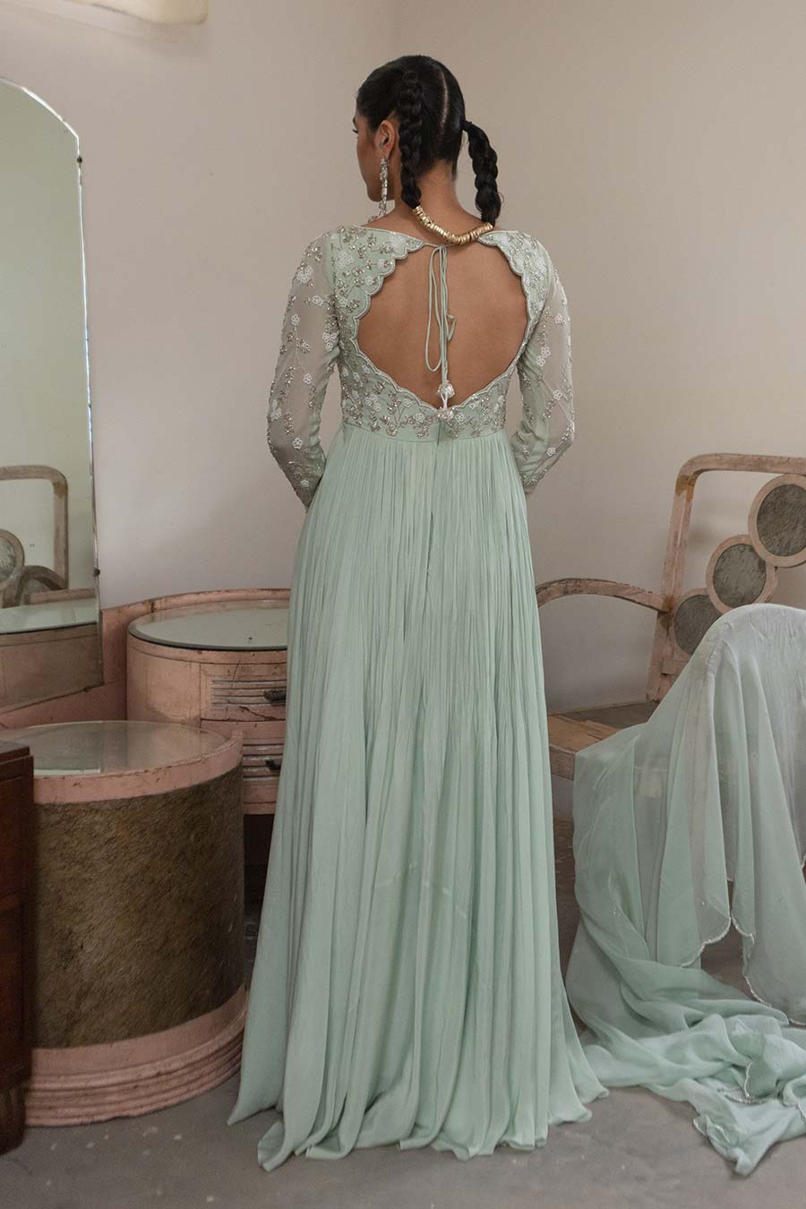 Light Mint Embroidered Anarkali & Dupatta Set