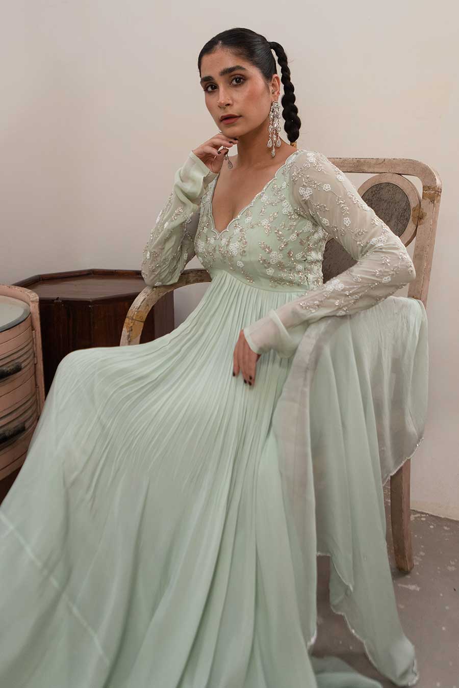 Light Mint Embroidered Anarkali & Dupatta Set