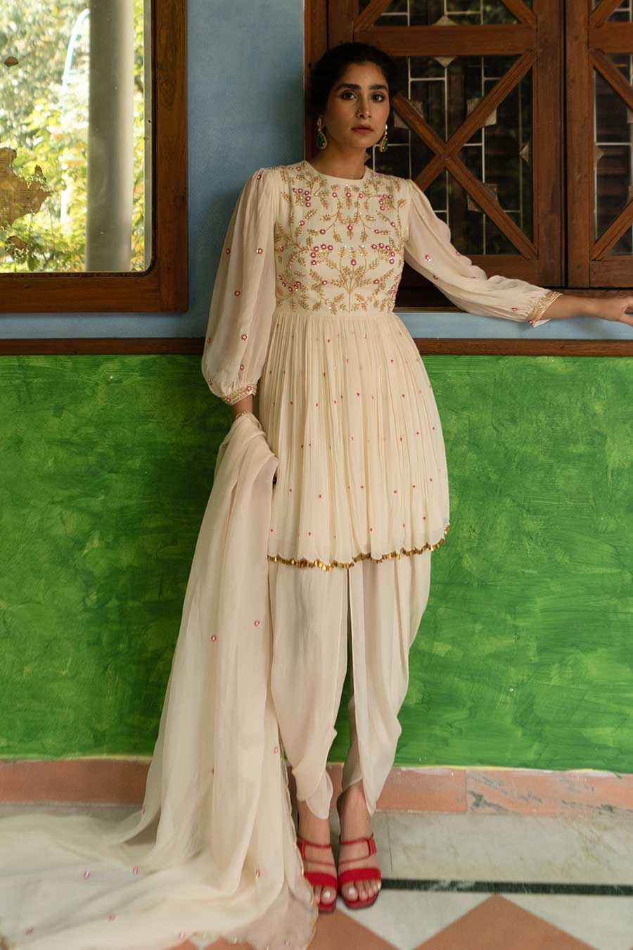 Off-White Embroidered Jaal Coin Dhoti Set