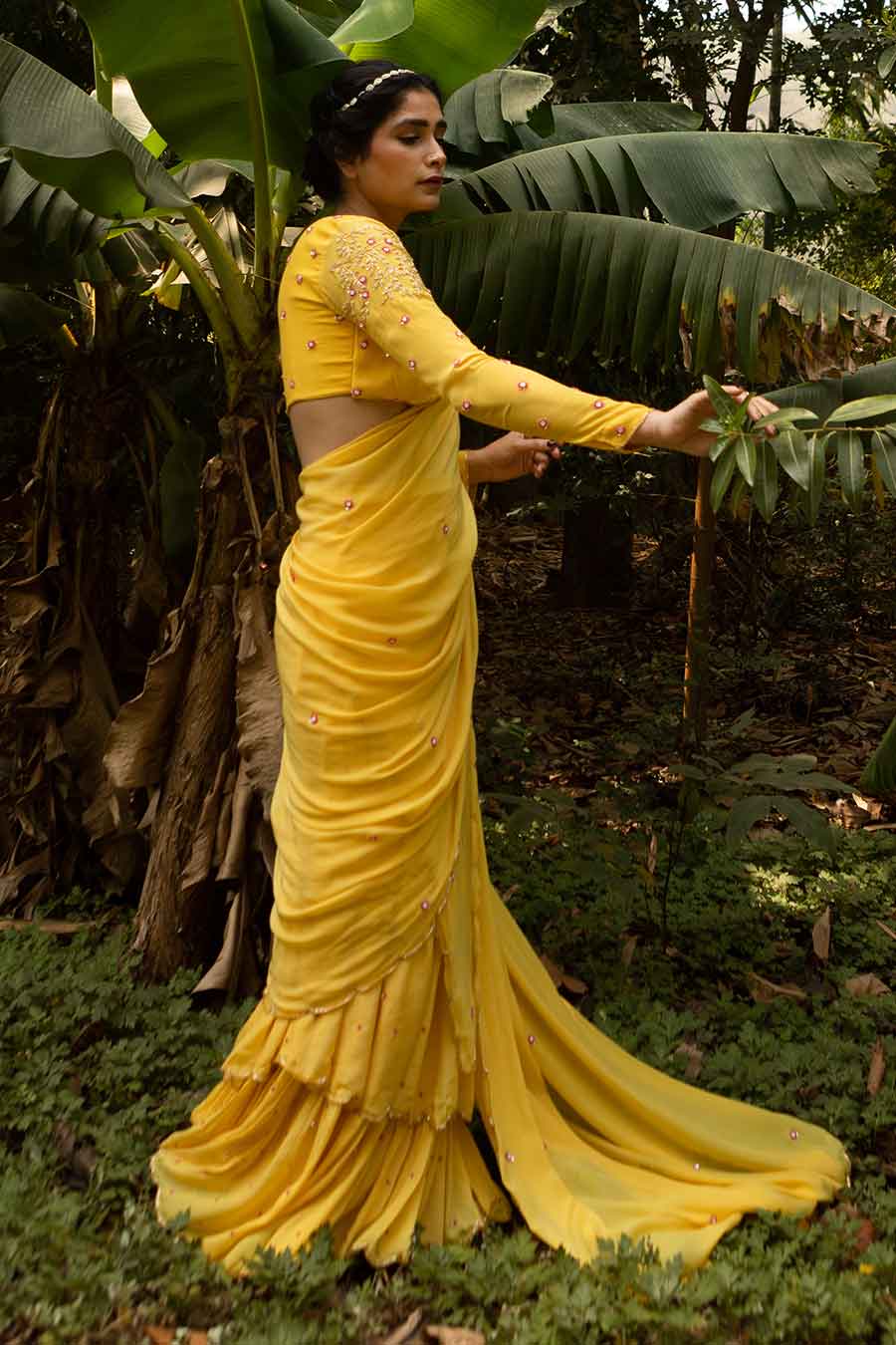 Yellow Embroidered Pre-Draped Saree & Blouse Set