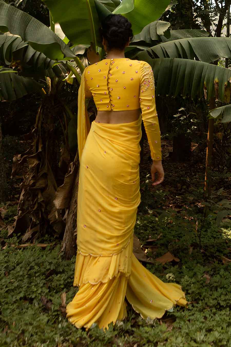 Yellow Embroidered Pre-Draped Saree & Blouse Set