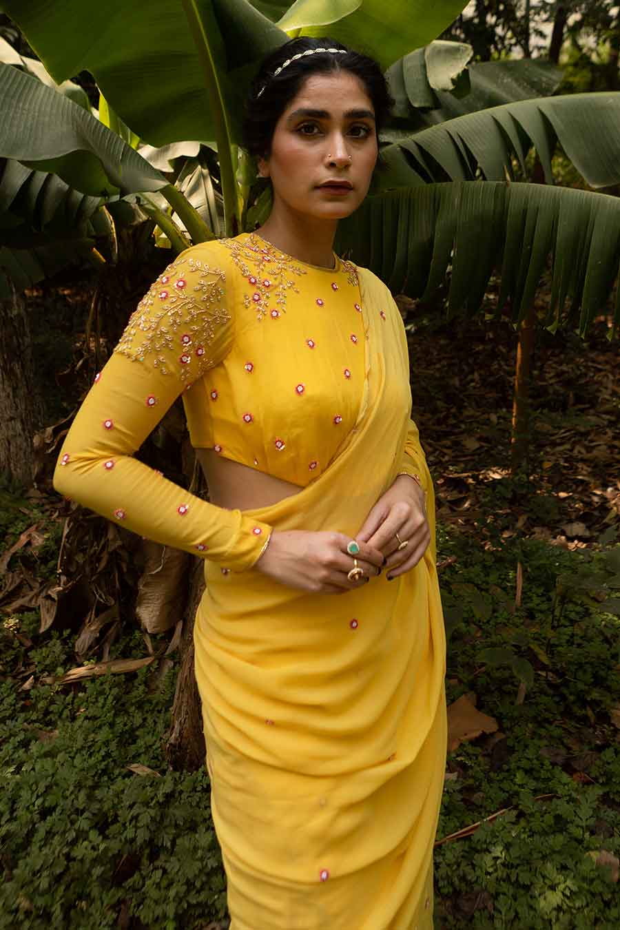 Yellow Embroidered Pre-Draped Saree & Blouse Set
