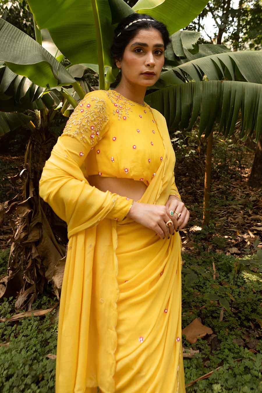 Yellow Embroidered Pre-Draped Saree & Blouse Set