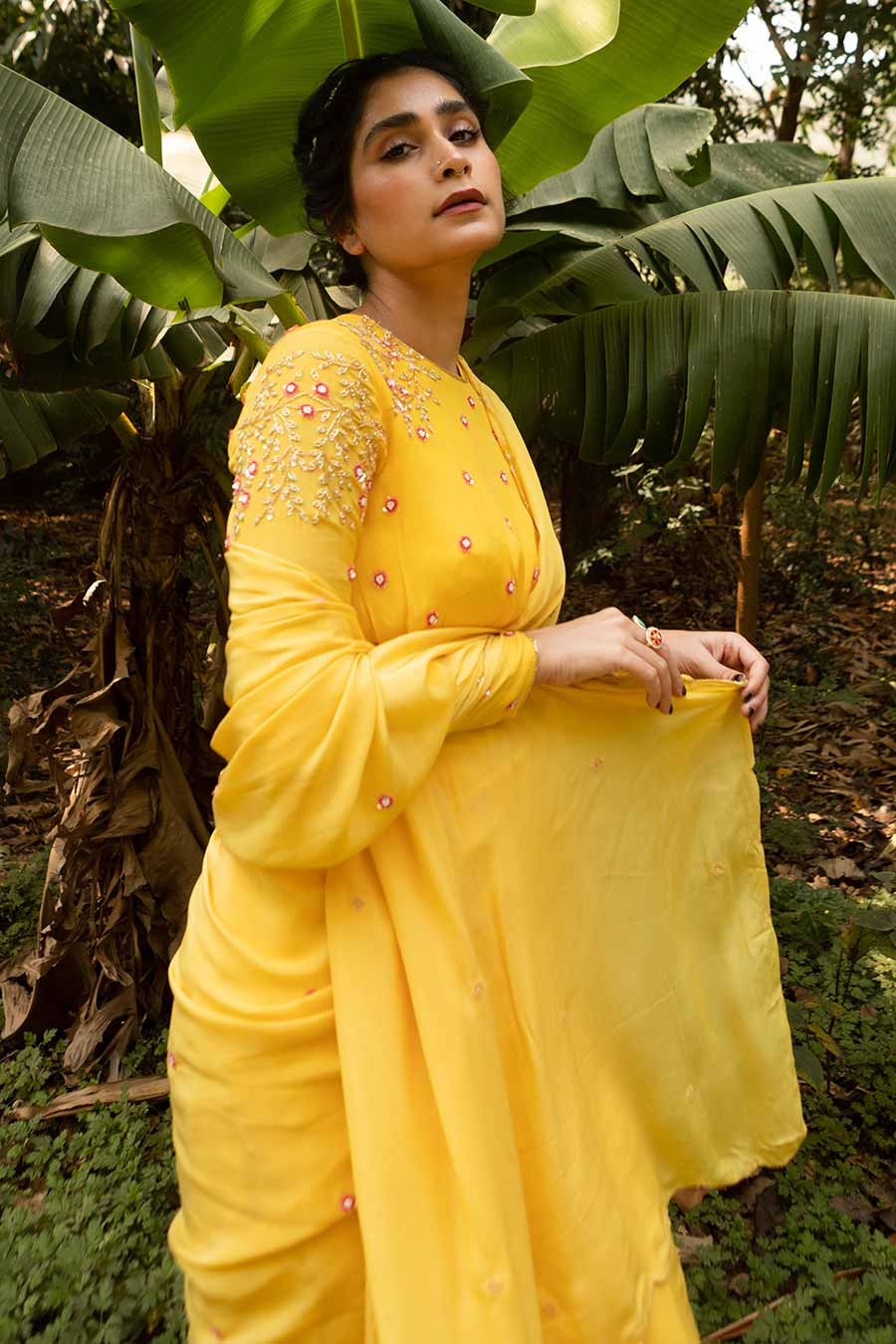 Yellow Embroidered Pre-Draped Saree & Blouse Set