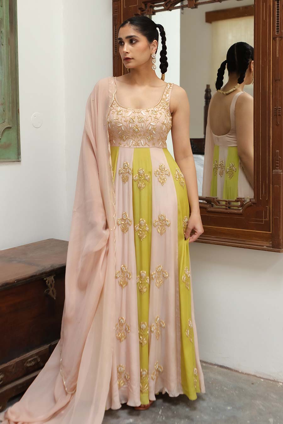 Pink & Green Embroidered Anarkali & Dupatta Set