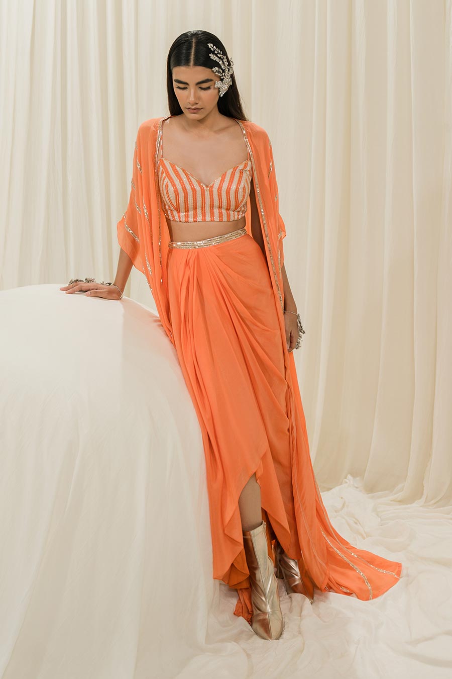 Orange Embroidered Cowl Skirt Co-ord Set