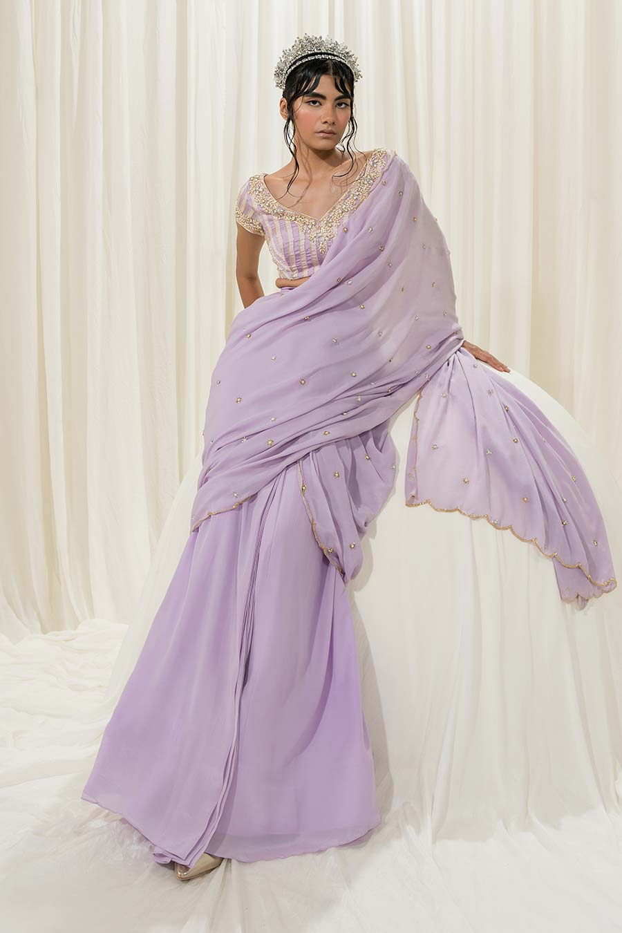 Lavender Pre-Stitched Embroidered Saree Set