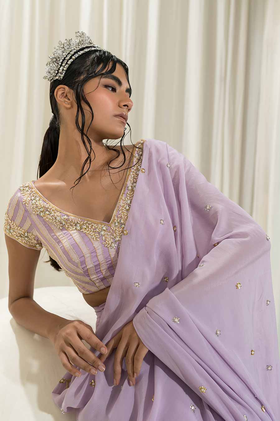 Lavender Pre-Stitched Embroidered Saree Set