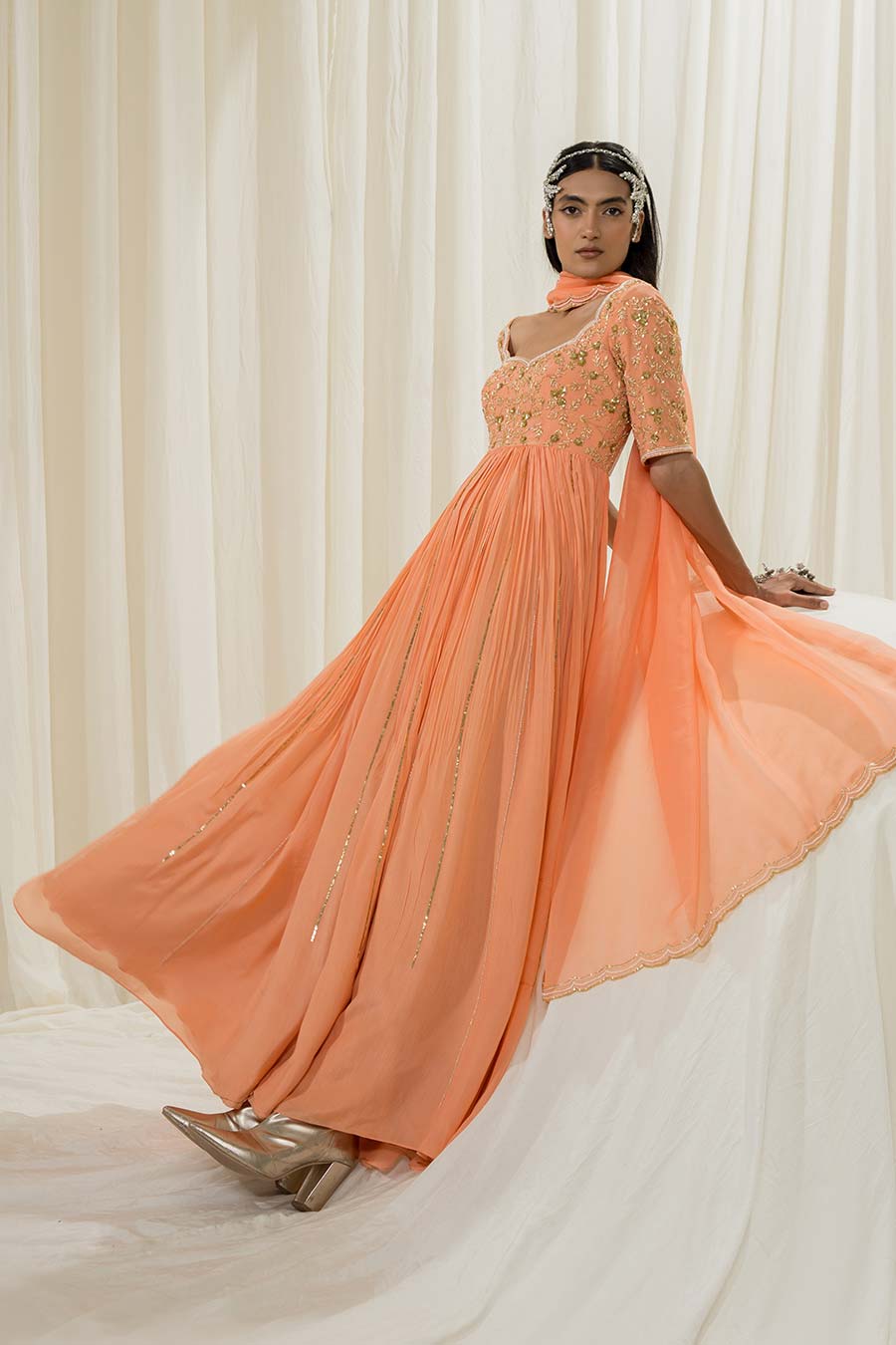 Peach Embroidered Anarkali with Dupatta