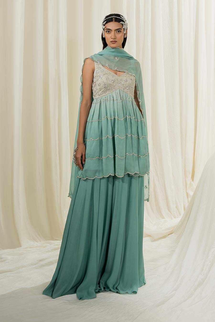 Light Mint-Turquoise Embroidered Sharara Set