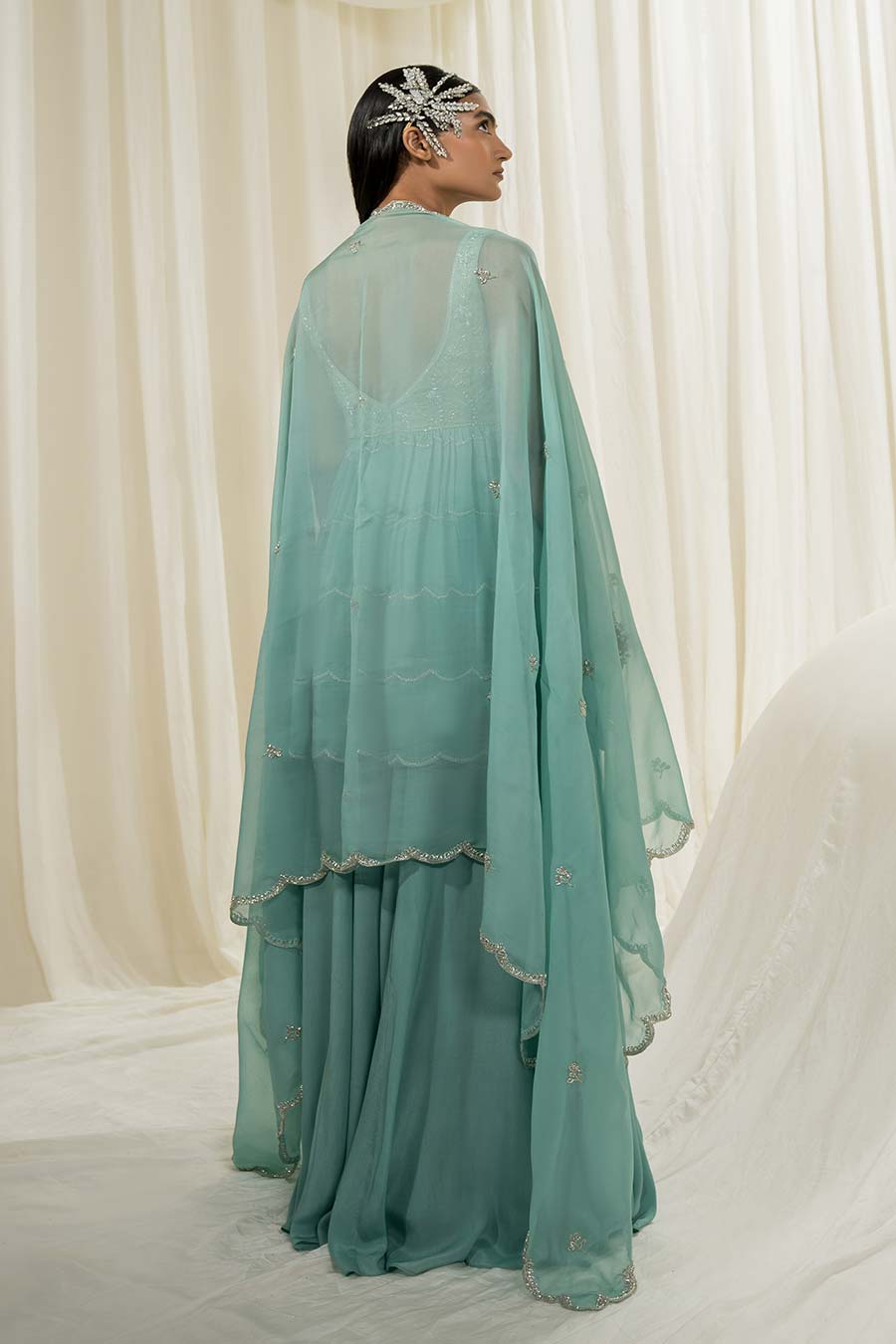 Light Mint-Turquoise Embroidered Sharara Set