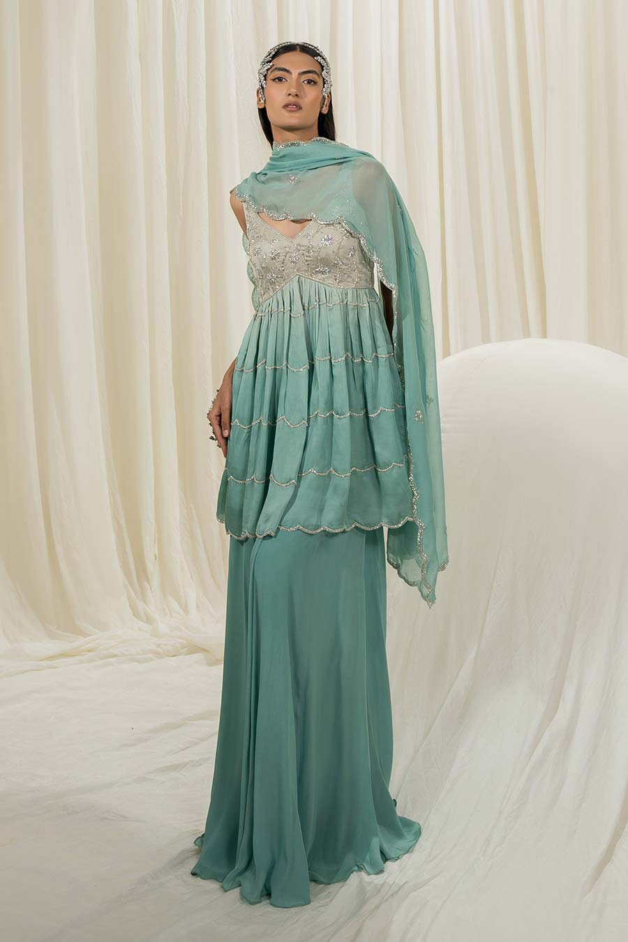 Light Mint-Turquoise Embroidered Sharara Set